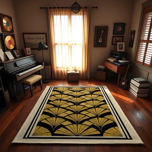 Art Deco Golden Fan Rug – Elegant Black & Gold Carpet for Living Room, Bedroom or Office, Glam Geometric Home Decor with Luxury Touch