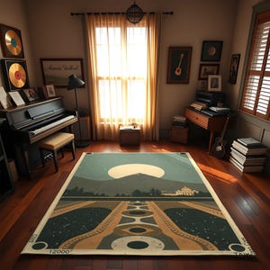 Mystic Mountain Moon Area Rug, Nature Inspired Floor Carpet, Cosmic Landscape Living Room Decor, Unique Home Meditation Mat, Bedroom Gift