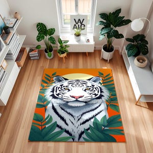 White Tiger Jungle Rug – Bold Animal Print Carpet | Wildlife Decor for Living Room, Bedroom, Boho Jungle Style Home Accent - Birthday Gift