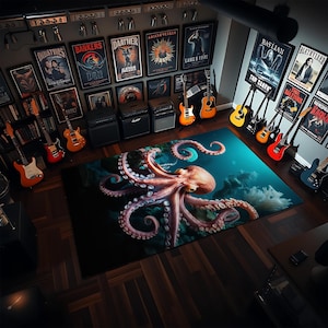 Octopus Ocean Area Rug – Underwater Marine Life Carpet with Deep Sea Kraken Art, Bold Nautical Decor for Beach Houses & Sea Lovers