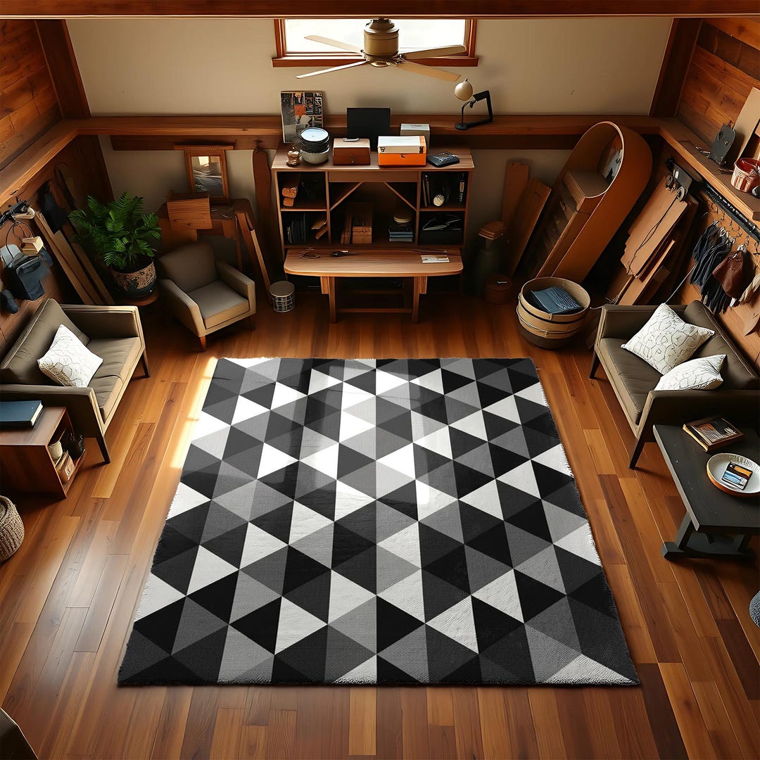 Modern Black White Geometric Triangle Pattern Area Rug - Etsy