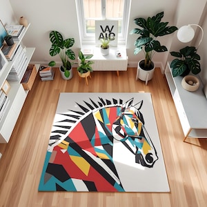 Pop Art Horse Head Area Rug, Geometric Animal Digital Print Carpet, Modern Kids Room Decor, Unique Xmas Gift, Eclectic Floor Mat