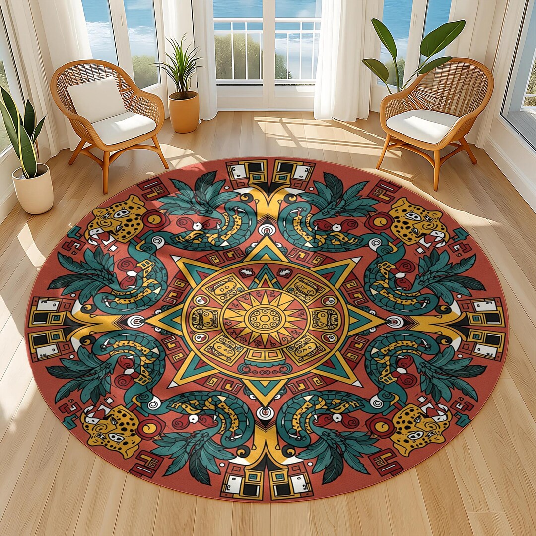 Ruggable Aztec Aztec Jaguar Round Rug: Boho Tribal Mandala Design - Etsy