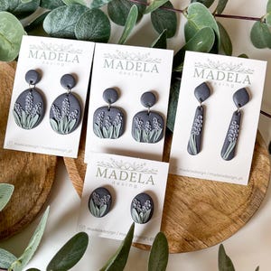 Black Floral Polymer Clay Earrings | Lavender Flower Earrings | Studs & Dangles | Handmade Gift for Her | Lightweight Jewelry