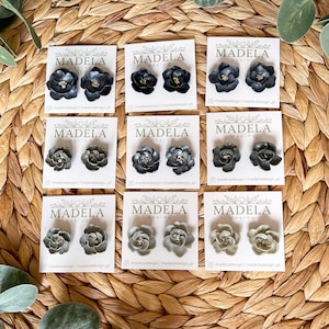 3D Statement Floral Stud Earrings – Black, Silver & Grey Shades | Handmade Polymer Clay Jewelry