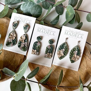 Botanical Earrings Flowers Statement Earrings Handmade Green Dangle Polymer Clay Earrings for Gift