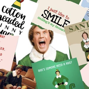 Może przedstawiać: Kolaż zdjęć z filmu "Elf". Obrazy zawierają cytaty takie jak "Cotton Headed Ninny Muggins" i "I just like to SMILE". Centralnym obrazem jest zbliżenie aktora z otwartymi ustami.