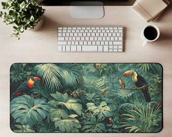 Alfombrilla de escritorio con diseño de jungla tropical, tucán, hojas de selva tropical, aves exóticas, decoración natural de exuberante vegetación, alfombrilla de juego botánica vibrante, decoración de oficina