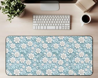 Blue Floral Desk Mat Mouse Pad Embossed Flower Pattern Elegant Ivory Botanical Design Soft Vintage Aesthetic Office Decor