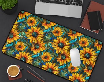 Sunflower Desk Mat Teal And Sunflower Gaming Mat Sunflower Lover Gift For Her Tech Accessory Pretty Keyboard Mat Rectangular Mouse Pad