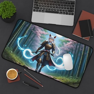Anime Fox Warrior Desk Mat Kitsune Girl Mouse Pad Gamer Girl Gift For Her Japanese Fantasy Fans Anime Lover Gift Cool Tech Accessory Girly