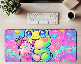 Kawaii Frog Desk Mat Cute Strawberry Milkshake Pastel Hearts Stars Large Gaming Mouse Pad Fun Gamer Girl Gift Colorful Frog Lover Office