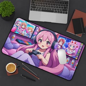 Cute Gamer Desk Mat Anime Girl Mouse Pad Anime Girl Gaming Mat Kawaii Aesthetic Setups GIft For GIrl Gamer Aesthetic Desk Decor Cute