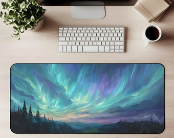 Aurora Borealis Desk Mat Aurora Mouse Pad Gaming Mat Northern Lights Landscape Sky Glow Art Scenic Forest Mountain Office Decor