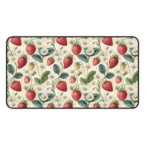 Strawberry daisy desk mat vintage fruit and floral pattern mouse pad cottagecore kitchen decor gift for her retro workspace accessory