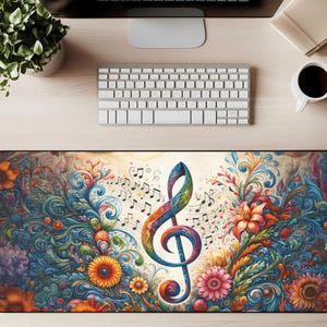 May include: A colorful desk mat featuring a musical treble clef and musical notes. The design includes vibrant flowers and swirling patterns in shades of blue, orange, and purple. The mat is rectangular and sits on a light-colored wooden desk.