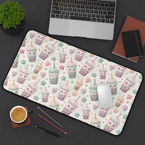 Cute Boba Tea Desk Mat Boba Tea Mouse Pad Kawaii Boba Cute Desk Accessories for Office Boba Mouse Pad Pink Cute Pastel Keyboard Mat Laptop