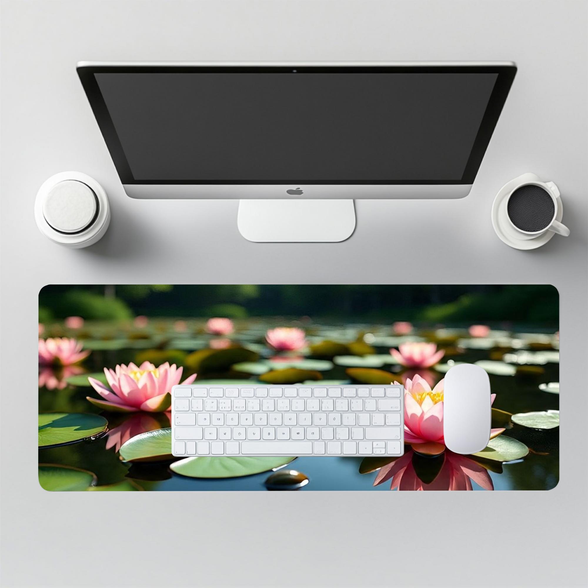 Pretty pink water lily is reflected in the water amidst lily pads and