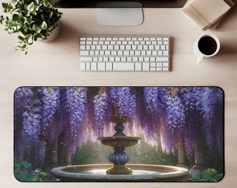 Wisteria Fountain Desk Mat | Floral Garden Mouse Pad, Purple Wisteria Desk Mat