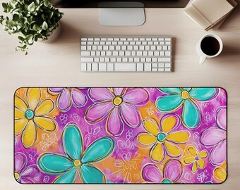Retro Daisy Desk Mat Colorful Flower Mouse Pad Large Gaming Mat Y2K Hippie Floral Gift fo Her Office Desk Accessory Tech Desktok Gift