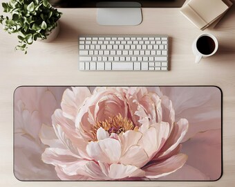 May include: A rectangular desk mat with a large peony flower design in pink, peach, and gold. The floral image is set against a black background. The mat is designed for use with a computer and keyboard, and is approximately 80 cm long.
