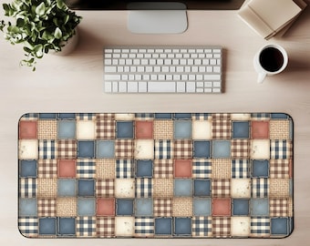 Patchwork Quilt Desk Mat Rustic Mouse Pad Gaming Mat Farmhouse Plaid Office Desk Decor Country Workspace Mat Cozy Desk Pad Cottage Style