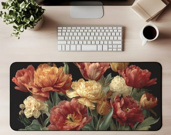 Alfombrilla de escritorio rústica otoñal con peonías, alfombrilla para ratón, alfombrilla floral para juegos, arte botánico vintage otoñal, decoración de oficina inspirada en la naturaleza, espacio de trabajo elegante