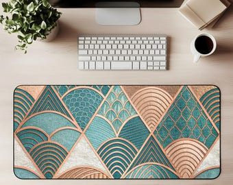 Art Deco Desk Mat Geometric Teal Copper Gold Mouse Pad Large Gaming Mat Luxury Office Desk Accessory Modern Glam Gift for Her Cubicle Decor