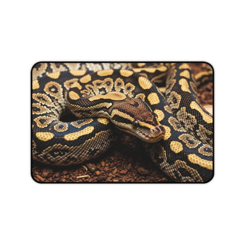 Large snake desk mat showcasing a lifelike python with golden and brown patterned scales, smooth high-quality surface with non-slip rubber backing for accurate mouse tracking, ideal for gamers, reptile lovers, and wildlife-inspired office decor.