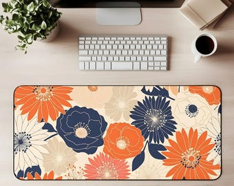 Retro Floral Desk Mat Floral Mouse Pad Retro Gaming Mat Bold Orange Navy Cream Large Flower Pattern Vintage Style Office Decor Workspace