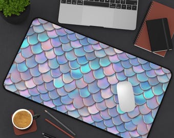 Alfombrilla de juego de sirena, alfombrilla de ratón grande con diseño iridiscente en tonos pastel, bonita alfombrilla de teclado, escritorio acogedor, escritorio moderno, espacio de trabajo moderno, ordenador portátil