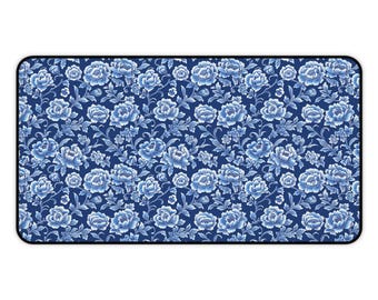 Blue Floral Desk Mat Large Gaming Mat Office Mouse Pad Botanical Roses Pattern Computer Keyboard Gift For Women Cozy Home Office Desktok