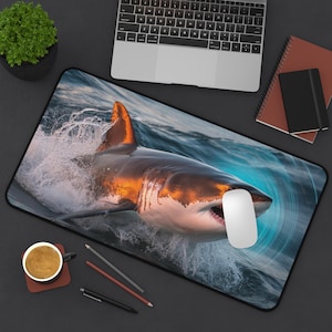 Shark Desk Mat Great White Attack Scene Mouse Pad Ocean Shark Artwork for Gaming Office Gift High Impact Marine Life Extended Desk Mat