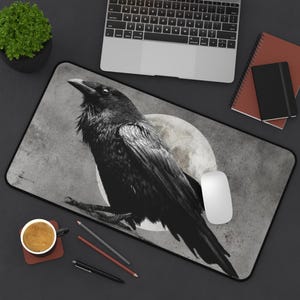 Raven Desk Mat Gothic Moon Mouse Pad Oversized Witchy Gaming Desk Pad Dark Aesthetic Crow Desk Accessory Halloween Office Decor Gift