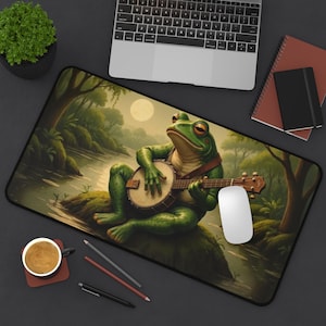 Frog Banjo Desk Mat, Unique Office Decor, Animal-Themed Workspace Organizer, Eco-Friendly Mouse Pad, Gift for Music Lovers