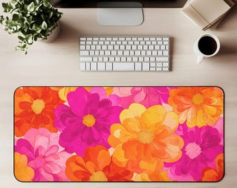 Retro Floral Desk Mat Bright Flowers Mouse Pad Orange Pink Daisy Print 70s Flower Power Mouse Pad Colorful Vintage Extended Desk Pad Office