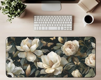 Magnolia Garden Desk Mat Cream White Roses Mouse Pad Vimtage Floral Dark Green Botanical Gaming Mat Elegant Office Decor Floral Gift Desktok