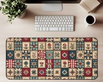 Vintage Quilt Desk Mat Patchwork Mouse Pad Gaming Mat Country Floral Patchwork Farmhouse Americana Decor Rustic Office Gift