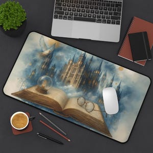 Wizard Desk Mat Wizard Mouse Pad Magical Open Book with Castle Glasses and Owl Wizard Lover Gift For Wizard Lover Trendy Keyboard Mat Gaming