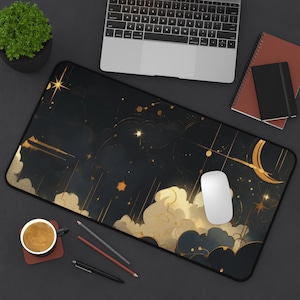 Celestial desk mat gaming mat large mouse pad gold moon stars night sky dreamy clouds aesthetic space decor for gamers and offices