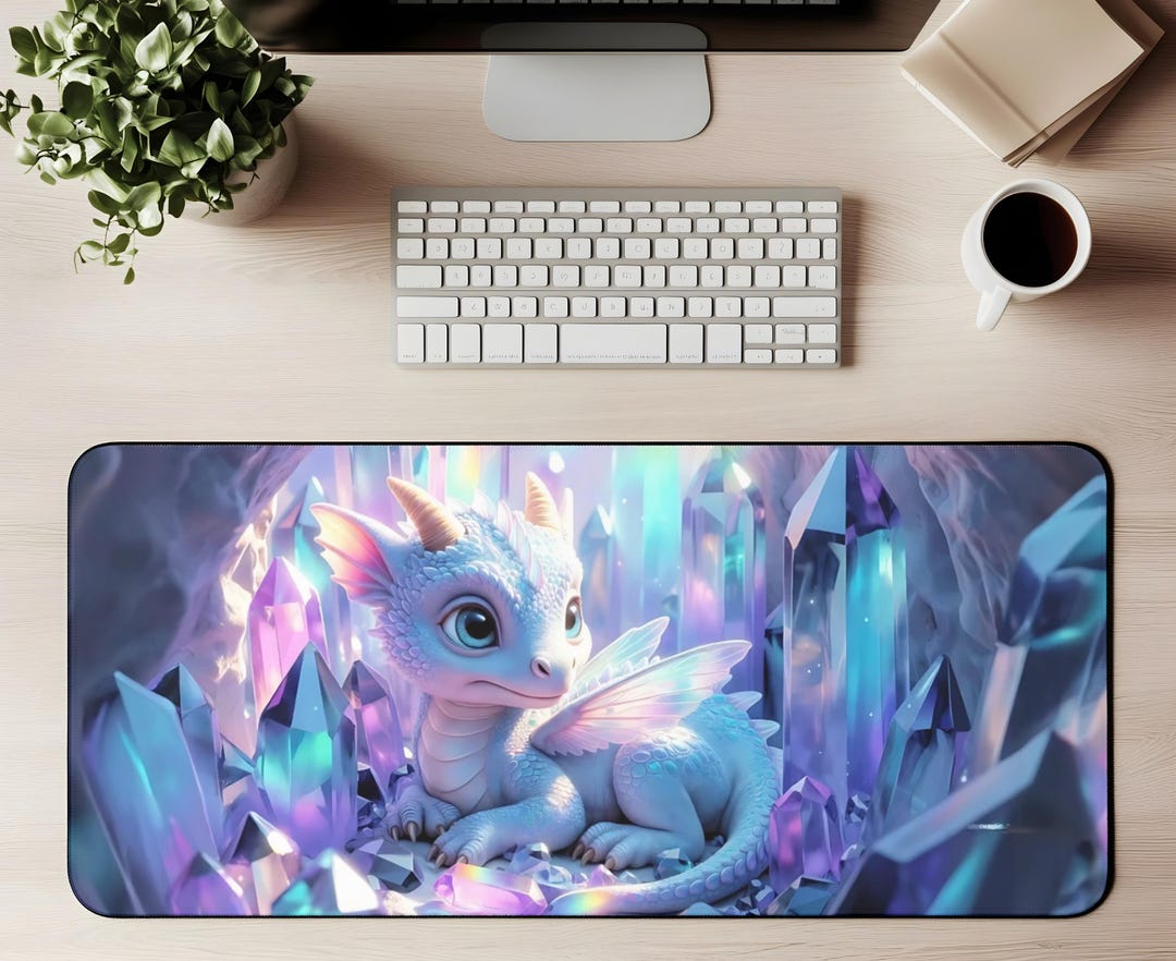 Dragon Ruler Mat Crystal Baby Dragon Desk Mat Fantasy Crystal Mouse Pad Mystical Gaming ...