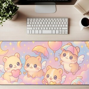 May include: A rectangular desk mat featuring a whimsical design with cartoon-style animals, including bears and cats with wings, holding hearts, balloons, and umbrellas. The background is a pastel sky with stars and clouds.