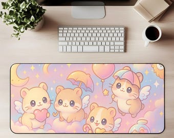 Cute Kawaii Desk Mat Kawaii Mouse Pad Dreamy Cloud Hamsters Gaming Mat Kawaii Pastel Cute Moon Star Sky Art Colorful Gamer Desk Cover Gift
