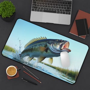 Fishing Desk Mat Bass Fishing Gaming Mat Fishing Mouse Pad Fishing Lover Gift For Him For Man Cave Gift For Dad For Christmas Cool PC Desk