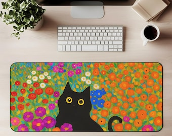 Alfombrilla de escritorio con diseño de flores de colores, alfombrilla de ratón con diseño de gato negro y jardín, alfombrilla de juego retro brillante, alfombrilla de escritorio extendida XL, regalo para amantes de los gatos, decoración de oficina, arte de escritorio