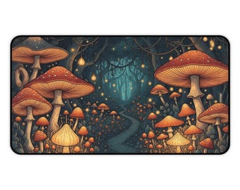 Mushroom Forest Desk Mat Enchanted Woodland Large Mouse Pad Fantasy Toadstool Path Gaming Mat Cottagecore Nature Workspace Decor