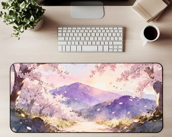 Cherry Blossom Mountain Desk Mat Sakura Mouse Pad Anime Landscape Pastel Sakura Aesthetic Watercolor Art Japan Inspired Gamer Gift