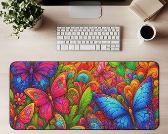 Alfombrilla de escritorio con diseño de mariposas coloridas, diseño psicodélico de jardín, alfombrilla grande para ratón para juegos, decoración natural estilo bohemio brillante, regalo para amantes de las mariposas, configuración para el hogar y la oficina.