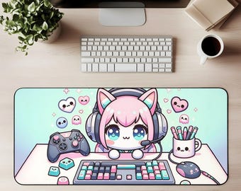 Puede incluir: Alfombrilla de ratón rectangular con un personaje de gato de dibujos animados con auriculares, un teclado y un ratón. El diseño incluye un mando de juego, corazones flotantes y fantasmas sobre un fondo pastel. La alfombrilla está diseñada para juegos.