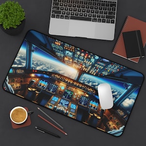 May include: A rectangular mouse mat with a detailed image of an airplane cockpit with a view of the sky and clouds. The mat has a black border and is surrounded by a laptop, coffee cup, and stationery.